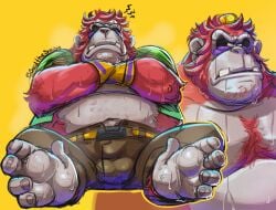 2025 anthro ape bodily_fluids body_hair bottomwear bulge chest_hair closed_eyes clothed clothing crossed_arms detailed_bulge eye_bags facial_hair feet foot_focus gorilla grumpy_kong haplorhine hi_res male mammal musclegut muscular muscular_anthro muscular_male musk musk_clouds nails navel open_clothing open_topwear overweight overweight_anthro overweight_male pants prehensile_feet primate said_the_saisio sitting solo stubble sweat sweaty_body sweaty_feet toenails toes topwear