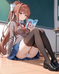 1girls absolute_territory ai_generated artist_name artist_request ass big_ass big_butt black_thigh_highs black_thighhighs blush book brown_hair chalkboard classroom clothes clothing doki_doki_literature_club female green_eyes hair hair_ribbon hairbow holding_object knees_up long_hair monika_(doki_doki_literature_club) panties pixiv_link reading reading_book shoes short_skirt sitting skirt slight_blush solo solo_female tagme_(artist) thick_thighs thigh_highs thighhighs thighs upskirt white_panties