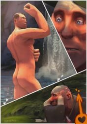 3d aroused ass bara big_pecs blush caught_naked covering_mouth gay heavy_weapons_guy large_pecs male male/male male_only medic_(team_fortress_2) no_glasses nude nude_male older_male outside_nudity pecs sfcedarin sfm showering source_filmmaker team_fortress_2 wet_skin yaoi
