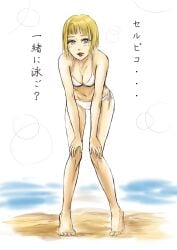 1girls beach bent_over berserk blonde_hair blue_eyes blush breasts cleavage farnese feet female hands_on_knees japanese_text parted_lips sand solo tetsuotonaomi thighs translation_request water