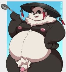2025 anthro balls bear belly big_belly black_body black_fur black_nose clothing fur genitals giant_panda hat headgear headwear hi_res kemono kusosensei male male_only mammal mihoyo moobs nipples overweight overweight_male penis pubes simple_background solo white_body white_fur zenless_zone_zero