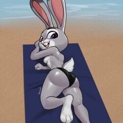 1:1 absurd_res anthro ass beach clothed clothing disney female hexecat hi_res judy_hopps lagomorph leporid looking_back mammal paws rabbit skimpy smile solo topless zootopia