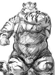 1boy 2015 barazoku bulge kemono kotobuki male monochrome muscular obese overweight portrait pose simple_background solo solo_male standing three-quarter_portrait white_background wrestling_singlet