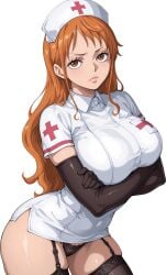 ai_generated arm_under_breasts bangs black_background black_gloves black_legwear black_panties breast_hold breasts brown_eyes brown_hair crossed_arms dress elbow_gloves female garter_straps gloves hat lace large_breasts latex_gloves long_hair looking_at_viewer nami_(one_piece) nurse nurse_cap one_piece orange_eyes orange_hair panties red_cross short_sleeves simple_background solo thighhighs transparent_background underwear