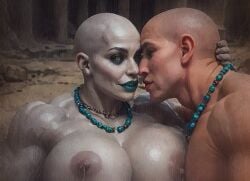 1boy 1boy1girl 1girls ai_generated bald breasts eyeshadow green_eyes grey-skinned_female hetero hetero_sex heterosexual huge_breasts kissing lactation light-skinned_male lipstick monster_girl muscular_female muscular_male necklace oc original_character ruins straight straight_sex teal_lipstick