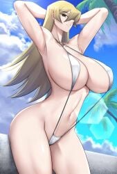 1girls abdomen alexis_rhodes armpits arms_up beach bikini blonde_hair brainwashing brown_eyes empty_eyes evil_smile female female haganef hi_res huge_breasts hypnosis large_breasts lipstick long_hair looking_at_viewer looking_down low-angle_view navel pose side_view sideboob smile solo swimsuit tenjouin_asuka voluptuous young younger_female yu-gi-oh! yu-gi-oh!_gx