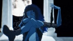 2d accurate_body_type artist_signature blue_body blue_hair doll elden_ring female female_only holding_panties holding_underwear lingerie lingerie_panties looking_at_viewer non-human panties panties_removed ranni_the_witch shizu_miro solo solo_female tagme