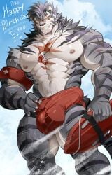 2025 anthro biped bulge chung0_0 colored detailed_bulge felid happy_birthday hi_res hyper lifeguard lifeguard_swimsuit male mammal muscular muscular_anthro muscular_male pantherine sdorica solo standing tiger yao_(sdorica)