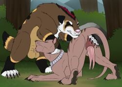 anthro balls bared_teeth black_nose blackjack_(piercingnightfall) brown_body brown_fur closed_eyes dasyuromorph duo feral feral_on_feral feral_penetrated feral_penetrating feral_penetrating_feral forked_penis fur genitals hi_res killthe_demon male male/male male_penetrated male_penetrating male_penetrating_male mammal marsupial oral oral_penetration outside penetration penis penis_in_mouth pink_nose pink_penis plant recently_extinct_species sex shrub tan_balls tan_body tan_fur thylacine thylus tree