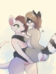 2018 anthro blush breasts ceilas duo electrycpynk female flat_chested hair holding_character mammal marsupial nude opossum procyonid pussy raccoon reis_(nukepone) signature small_breasts smile standing yuri