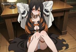 ai_generated amo_empool anime anime_style arms_behind_head arms_up black_dress black_hair blush bookshelf breasts cleavage closed_mouth detached_sleeves dress fanbox_username female gachiakuta gradient_hair hair_between_eyes hentai hi_res indoors knees_up large_breasts long_hair looking_at_viewer multicolored_hair mystic_maidens on_floor orange_eyes orange_hair panties pantyshot patreon sidelocks sitting solo table thigh_strap underwear white_panties white_sleeves wooden_floor