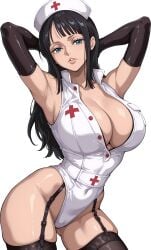 ai_generated armpits arms_up bangs bare_shoulders black_background black_gloves black_hair black_legwear blue_eyes breasts cleavage cross elbow_gloves female garter_belt garter_straps gloves hat highleg highleg_leotard huge_breasts large_breasts leotard lips long_hair looking_at_viewer nico_robin nurse nurse_cap one_piece parted_lips shiny simple_background sleeveless solo standing thighhighs thighs transparent_background