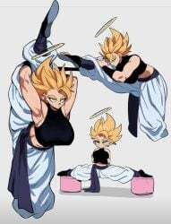 1girls baggy_pants big_breasts big_thighs breasts clothed clothing corelessmoter dragon_ball dragon_ball_super dragon_ball_z exercise exposed_torso fem_gogeta female female_gogeta fusion gogeta stretching super_saiyan titties yellow_hair