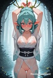 ai_generated aqua_hair areolae bangs bondage bound bound_wrists breasts bush clavicle cleavage cleft_of_venus closed_mouth crossed_bangs elf elf_ears elf_female elf_girl erect_nipples erection erection_under_clothes female female female_only forest hentaipresident large_breasts looking_down medium_breasts nipples no_bra no_panties nose_blush outdoors pointy_ears short_hair solo standing uncensored vagina wet wet_body wet_clothes wet_clothing wet_skin white_clothing
