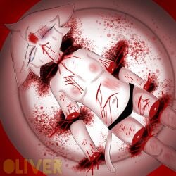 amputation blood_on_body blood_on_face canibal cannibalism cat_humanoid completely_nude decapitated_head desmemberment eye_purple feline female mutilation sad scratches solo sprunki tail wenda_(sprunki)