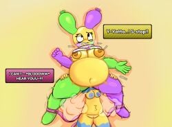 5_fingers air_inflation areola aroused aroused_female artistnoob balloon balloon_breasts belly belly_expansion belly_inflation big_belly big_breasts blowing blowing_balloon blowing_on_pussy breast_expansion breasts clothing dandy's_world dialogue dripping_pussy duo expansion female female/female fingers genitals glistening glistening_body hi_res inflatable inflation leaking_air looey_(dandy's_world) looking_pleasured moan pinata pussy roblox speech_bubble swelling taut vulva yatta_(dandy's_world)