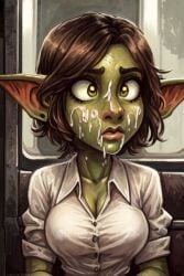 ai_generated cleavage collared_shirt confused cum_on_face female goblin goblin_female office_clothing