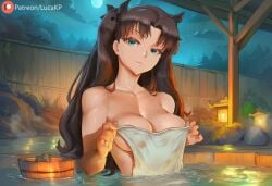 1girls ai_generated black_hair blue_eyes bow breasts covered_nipples covering covering_breasts fate/grand_order fate/stay_night fate_(series) female female_only hair_ornament japanese light-skinned_female looking_at_viewer lucakp medium_breasts moon naked naked_female night onsen patreon patreon_link patreon_logo patreon_reward patreon_url patreon_username sauna seductive seductive_look solo solo_female solo_focus tagme tohsaka_rin towel water