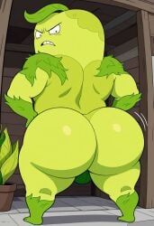 1boy adventure_time ai_generated angry_face ass ass_focus big_ass bubble_butt butt_focus cartoon_network chubby chubby_male civitai detailed_background donny donny_(adventure_time) fat_ass floorboards grass_clothing green_body green_skin grumpy hands_on_hips kingsofcoyote25 looking_at_viewer looking_back male male_focus male_only muscles ogre plant_humanoid thick_ass wooden_floor wooden_wall