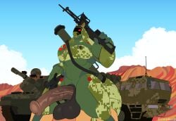 absurd_res animal_genitalia animal_penis anthro camo camo_body camo_print clothing cloud equine_genitalia equine_penis genitals gun hi_res looking_at_viewer male military military_uniform military_vehicle mountain multiple_weapons outside penis ranged_weapon solo synth_(vader-san) tally_marks tank_(vehicle) uniform vehicle viola_bat weapon weapon_on_shoulder