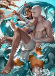 1boy 1girls aang aged_up air_nomad avatar_the_last_airbender bald barefoot bedroom_eyes blue_eyes brown-skinned_female canon_couple carrying_another carrying_partner chocolate_and_vanilla dark-skinned_female dark_skin duo feet female hair_loopies imminent_sex interracial katara light-skinned_male long_hair male male/female muscular muscular_male realistic romantic romantic_couple seducing seductive_smile smile suggestive_pose swimming_trunks swimsuit tattoo tattoos teamwork tied_hair toes waist_grab water water_tentacles water_tribe waterbending young_adult zarory