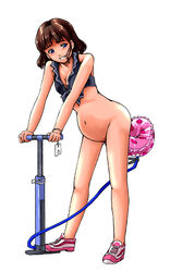 bicycle_pump bike_pump blush bottomless brown_hair inflation innertube insertion large_insertion mayonaise mayonnaise_(ringo_gakuen) original pump smile solo stomach_bulge straight_hair tears