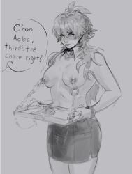 aoba_seragaki breasts breasts_out collar crying cuntboy cuntboy_with_breasts degradation detransition dramatical_murder feminization forced_feminization holding_tray humiliation nipple_chain nipple_piercing shaking skirt_only tears tits_out