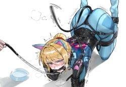 absurdres all_fours anal_tail anger_vein angry animal_ears animal_hands bit_gag bitch_taken_for_walk bitchsuit blonde_hair blue_eyes blush bondage bondage_mittens bone_gag bound collarbone dog_bowl drooling fake_animal_ears fake_tail gag gagged gdhs gloves highres human_dog leash long_hair looking_at_viewer metroid paw_gloves pet_play restrained samus_aran shaking steamy_breath tail white_background