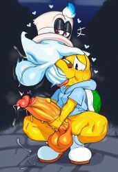 2025 absurd_res ai_generated anthro balls band-aid bandage big_balls big_penis blush bodily_fluids bottomless cappy_(mario) clothed clothing crouching cum cumshot duo ejaculation erection footwear foreskin genital_fluids genitals half-closed_eyes hand_on_head handjob heart hellsonger hi_res hoodie huge_cock humanoid_genitalia humanoid_penis koopa_troopa koops long_penis looking_pleasured male mammal mario_bros masturbation narrowed_eyes nintendo oral orgasm outside paper_mario penile penile_masturbation penis saliva sex shoes size_difference small_but_hung smaller_male smile sweat thick_penis tongue tongue_out topwear vein veiny_penis