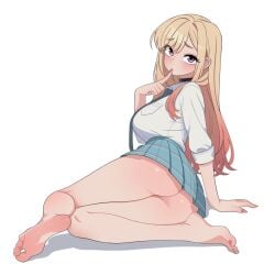 aqua_skirt arm_support ass barefoot blonde_hair blush breast_pocket breasts collared_shirt commentary dress_shirt ear_piercing feet female from_behind gradient_hair hand_up kitagawa_marin large_breasts looking_at_viewer looking_back maidcousin multicolored_hair nail_polish necktie piercing pink_eyes pink_nails pleated_skirt pocket school_uniform shirt shirt_tucked_in simple_background skirt soles solo sono_bisque_doll_wa_koi_wo_suru thighs underbutt white_background white_shirt