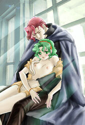 aozora_kyuuji bench blush bracelet breast_grab breasts cloak day dress female fire_emblem fire_emblem:_thracia_776 flat_chest from_behind green_eyes green_hair hairband hand_on_leg in_lap jewelry light light_rays looking_down male nipples no_bra open_dress open_mouth pants red_hair salem_(fire_emblem) shirt short_hair sitting straight tina_(fire_emblem) window