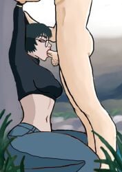 against_wall artist_request black_hair closed_eyes clothed_female_nude_male crop_top curvy denim fellatio female glasses grass highres hunter_x_hunter jeans male midriff muscular muscular_male navel non-web_source nude oral outdoors pants pubic_hair shizuku_murasaki short_hair source_request thick_thighs thighs wide_hips
