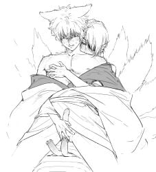 2boys anal anal_sex chinese_zodiac cloaca diphallia diphallism ear_fins erection eye_patch fox_ears fox_tail gay gintama gintoki_sakata japanese_clothes kimono kitsune male male_only merfolk merman monochrome multi_penis multi_tail off_shoulder official_alternate_costume penis takasugi_shinsuke uncensored wy3163561826160 yaoi youkai