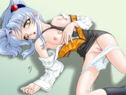 1girls blue_hair breasts censored female fuji_shinobu hands human long_hair martian_successor_nadesico necktie pale-skinned_female pale_skin panties pussy ruri_hoshino solo tied_hair twintails underwear yellow_eyes