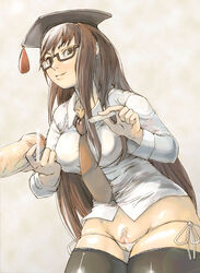 1girls 2d bar_censor bottomless brown_eyes brown_hair cameltoe censor_bar censored censored_penis chalk cleavage copyright_request female glasses handjob hat highres leaning_forward long_hair lowleg lowleg_panties male mortarboard necktie no_pants panties penis pointless_censoring pubic_hair pussy pussy_peek side-tie_panties smile suikyou teacher thighhighs underwear very_long_hair white_panties