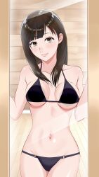 1girls against_glass against_surface bare_arms bare_belly bare_chest bare_hips bare_legs bare_midriff bare_navel bare_shoulders bare_skin bare_thighs bare_torso belly belly_button bikini bikini_bottom bikini_only bikini_top black_bikini black_bikini_bottom black_bikini_top black_hair black_hair_female black_string_bikini black_swimsuit black_swimwear breast_press breasts breasts_press brown_eyes brown_eyes_female closed_mouth_smile collarbone copyright_request curvaceous curvaceous_body curvaceous_female curvaceous_figure curvaceous_hips curvy curvy_body curvy_female curvy_figure curvy_hips digital digital_art digital_drawing digital_drawing_(artwork) digital_media digital_media_(artwork) elbows exposed_arms exposed_belly exposed_chest exposed_hips exposed_legs exposed_midriff exposed_navel exposed_shoulders exposed_skin exposed_thighs exposed_torso female female_focus female_only groin halterneck head_tilt high_resolution highres hourglass_figure indoor indoor_nudity indoors inguinal_crease inguinal_ligament kiniro_tofu lean_figure lips long_hair looking_at_viewer medium_breasts midriff narrow_waist navel pressing_breasts shiny_breasts shiny_hair shiny_legs shiny_shoulders shiny_skin shiny_thighs shoulders slender_body slender_waist slim_waist smile smiley_face smiling smiling_at_viewer smirk solo standing string_bikini swimsuit swimwear thick_thighs thighs tilted_head upper_body wide_hips yoko_hikasaka