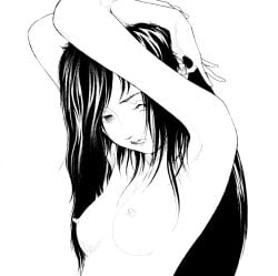 album_cover arms_behind_head arms_up black_hair breasts clenched_teeth collarbone completely_nude cover female greyscale hair_over_breasts hair_over_one_breast hair_over_one_eye hatching_(texture) highres linear_hatching long_hair looking_at_viewer medium_breasts midori_(band) monochrome nipples nude official_art pinching_gesture solo teeth yamamoto_naoki