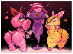 accessory anthro ass birdo birdo_(character) bow_ribbon capcognito clothing female footwear front_view futanari genitals group hair hair_accessory hair_over_eyes hair_ribbon hairbow hat headgear headwear heart_symbol hi_res high_heels intersex koopa koopaling mario_bros nintendo paper_mario penis rear_view ribbons scalie shadow_siren shoes trio vivian_(mario) wendy_o._koopa witch_hat