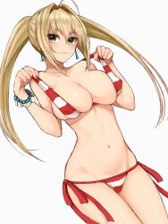 1girls ahoge bead_bracelet beads big_breasts bikini blonde_hair bracelet breasts cleavage cocq_taichou collarbone covered_erect_nipples earrings fate/grand_order fate_(series) female female_only green_eyes hair_intakes highres huge_breasts jewelry large_breasts light-skinned_female long_hair navel nero_claudius_(fate) nero_claudius_(swimsuit_caster)_(fate) red_bikini side-tie_bikini_bottom simple_background solo stomach strap_pull striped_bikini striped_clothes swimsuit twintails very_long_hair white_background