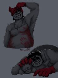 00knox00 bara blood bloody_clothes bob_velseb devilish_grin fat grabbing_head hairy male overweight spooky_month yaoi