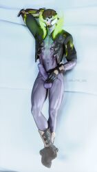 aj_racer95 balls body_pillow_design boots cyborg fortnite fortnite:_battle_royale holding_penis looking_at_viewer lying lying_on_back lying_on_bed male male_only partially_clothed penis purple_skin robot robot_humanoid skull_mask tattoo testicles viridion_(fortnite) watermark