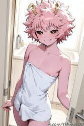 1boy ai_generated bare_shoulders bathroom black_sclera blush boku_no_hero_academia bulge collarbone erection_under_towel femboy genderswap_(ftm) grin horns indoors looking_at_viewer male mina_ashido my_hero_academia naked_towel nipple_peek nipples pink_hair pink_skin rule_63 short_hair smile solo tehmar towel trap yellow_eyes