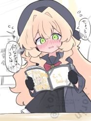 ^^^ bar_censor beret black_gloves black_serafuku black_shirt black_skirt blonde_hair blue_archive blush censored commentary_request female flying_sweatdrops frilled_skirt frills gloves green_eyes grey_hat grey_jacket grey_sailor_collar hair_between_eyes hair_intakes hat highres holding jacket kujou_karasuma long_hair nose_blush off_shoulder open_clothes open_jacket parted_lips pornography professor_niyaniya_(blue_archive) sailor_collar school_uniform serafuku shirt skirt solo very_long_hair watermark