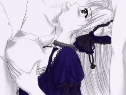 blush breast_grab breasts censored cum dress fellatio female huge_breasts long_hair male monochrome nipples open_clothes open_shirt oral paizuri penis rozen_maiden shirt straight suigintou tongue uni8