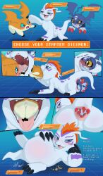 absurd_res ambiguous_gender anal anal_sex anal_vore anthro anus ass bandai_namco belly belly_blush big_belly blue_eyes blush bodily_fluids body_blush butt_blush claws comic demidevimon demon digestion digestion_implied digimon digimon_(species) digimon_story:_time_stranger digital_media_(artwork) elechtronshock english_text experience_bar experience_drain experience_points experience_up face_lick facial_markings fangs feral fur gameplay_mechanics gomamon group gui hair half-closed_eyes hand_on_belly hand_on_butt head_first head_in_ass head_markings head_wings health_bar heavy_blush hi_res level_up licking looking_at_another looking_at_viewer looking_back lying mammal marine markings mask membrane_(anatomy) membranous_wings mouth_shot muffled_speech name_tag narrowed_eyes on_back open_mouth oral_vore orange_body orange_eyes orange_hair panicking partially_inside patamon penetration purple_eyes purple_markings quadruped saliva saliva_string seductive selection_menu simple_background size_difference skull_symbol smile smug smug_face smug_grin status_effect stomach_bulge swallowing tail tail_grab teeth text tongue trio unusual_wing_placement vore white_body wings