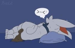 accident ambiguous_gender ambiguous_pooping anthro anus artist_name ass bed blue_background blue_bedding blue_body blue_fur blue_pillow bodily_fluids cheek_tuft cinderace emanata emoticon facial_tuft feces feces_on_bed feces_pile fur furniture generation_8_pokemon head_on_pillow long_ears lying lying_on_bed nintendo nude_ambiguous nude_anthro on_bed on_side orange_body orange_fur pillow pokemon pokemon_(species) pooping_on_bed ritzcat scat scatplay scut_tail short_tail simple_background sleep_pooping sleeping solo story story_in_description sweat tail text thought_bubble tuft white_body white_fur