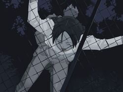 1boy 1girls against_fence arm_support bent_over black_hair bottomless breasts censored chain-link_fence chainlink_fence character_request closed_eyes clothes_lift dark doggy_style female fence game_cg hanging_breasts hetero imageboard_desourced inclusion medium_breasts monochrome mosaic_censoring muted_color nipples nishihara_yuuki no_bra non-web_source open_fly open_mouth outdoors penetration sex sex_from_behind shirt_lift shouting takamichi torso_grab tree trees