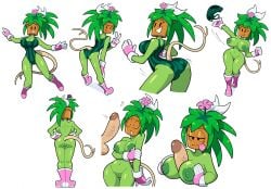 1boy 1girl1boy 1girls balls blaster_master blaster_master_zero_2 boots breasts cock_shock completely_nude flower gloves highres inti_creates kanna_(blaster_master) large_breasts leaf leaf_hair leotard multiple_images multiple_poses one-piece_swimsuit paizuri peace_sign penis penis_awe penis_between_breasts plant plant_girl ponytail potted_plant shaking_butt smile smiling stealth_brock straight stripping sunsoft swimsuit tail taking_clothes_off throwing_clothing titjob tongue tongue_out unseen_male_face v_sign watermelon_print