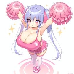adorable ai_generated big_breasts blue_hair blush breasts cheerleader cleavage collarbone cute female huge_breasts miniskirt pink_clothing pink_eyes pleated_skirt pom_poms riko_(shuz) shiny_hair shiny_skin shortstack skirt solo sparkles stockings tanktop thighhighs yodayo
