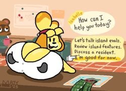 1girls animal_crossing animated anthro artist_logo big_breasts breasts breasts_bigger_than_head canid canid_humanoid canis cleavage clueless dialogue dialogue_bubble disembodied_hands english_text female game_ui hands_on_breasts huge_breasts hyper hyper_breasts isabelle_(animal_crossing) looping_animation mattthetooncat mob_face nintendo oblivious office raccoon raccoon_humanoid rubbing_breasts short_playtime tom_nook toony